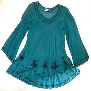 Indian Boho Style Teal Tunic Dress Top